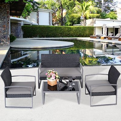 4 PCS Outdoor Patio Garden Black Rattan Wicker Sofa Set Furniture Cushioned